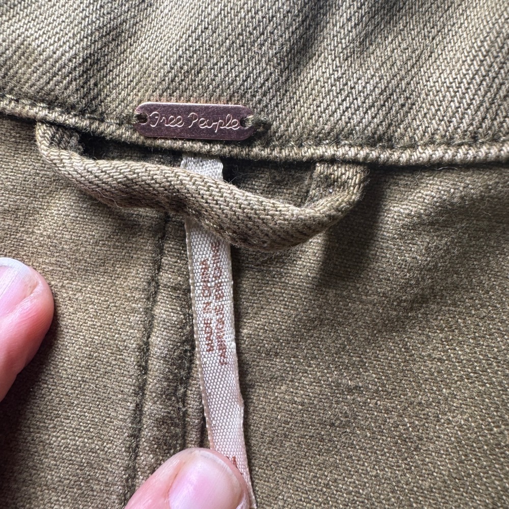 Free People Olive Green Peplum Military Denim Jacket Lace Up Sleeve Frayed Hem - Picture 8 of 10